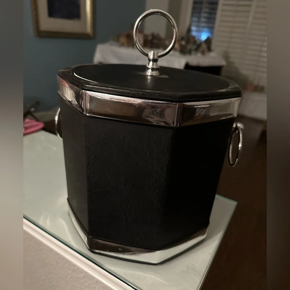 Vintage Faux Black Leather Ice Bucket with Chrome Trim